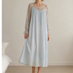 Eileen West Blue Cotton Embroidered Mesh Sleeve Lawn Nightgown Victorian Style M
